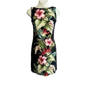 Iolani Made in Hawaii Black Hibiscus Floral Fitted Sheath Dress Size Small